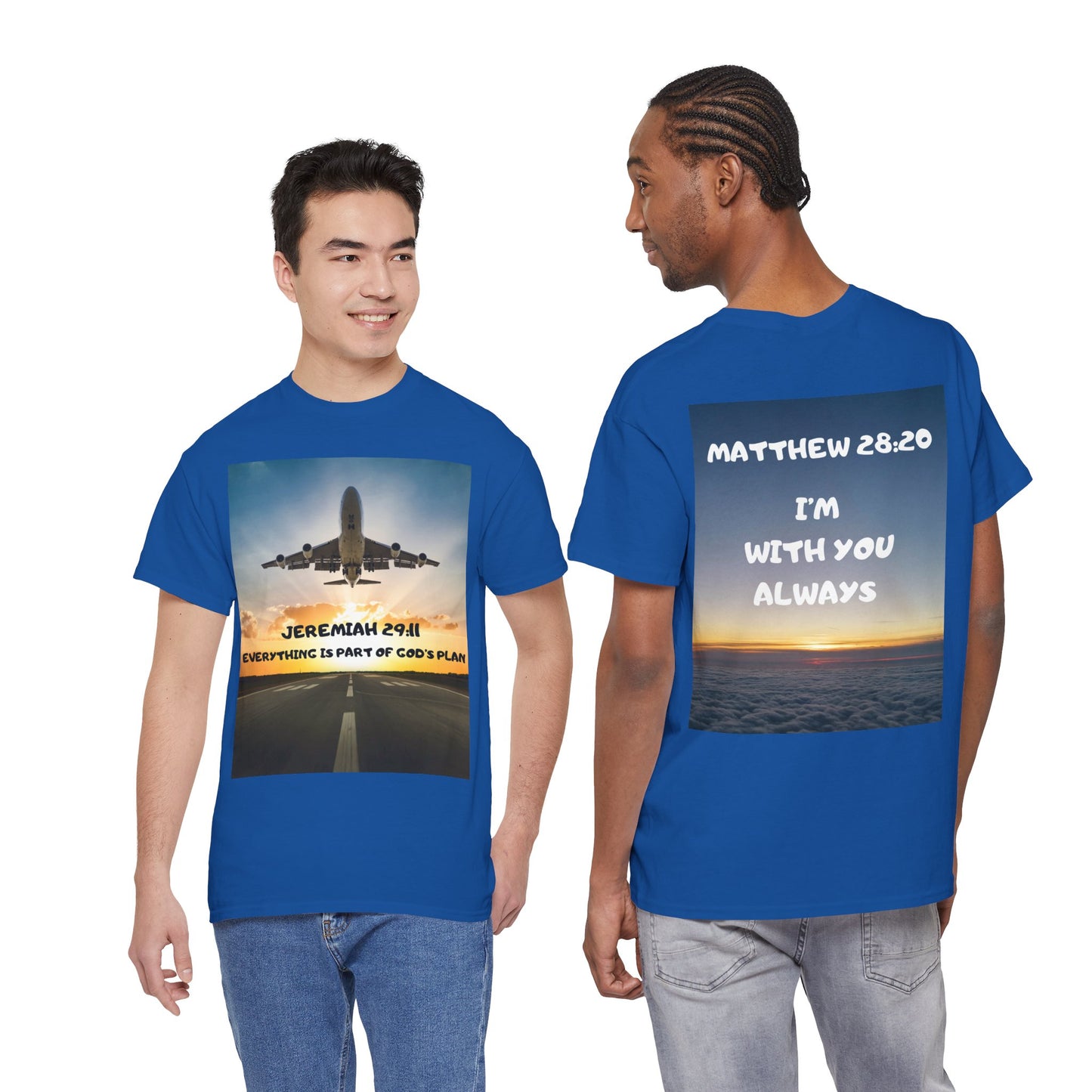 Faith Travel T‑Shirt — “Jeremiah 29:11 / Matthew 28:20” Inspirational Plane Tee