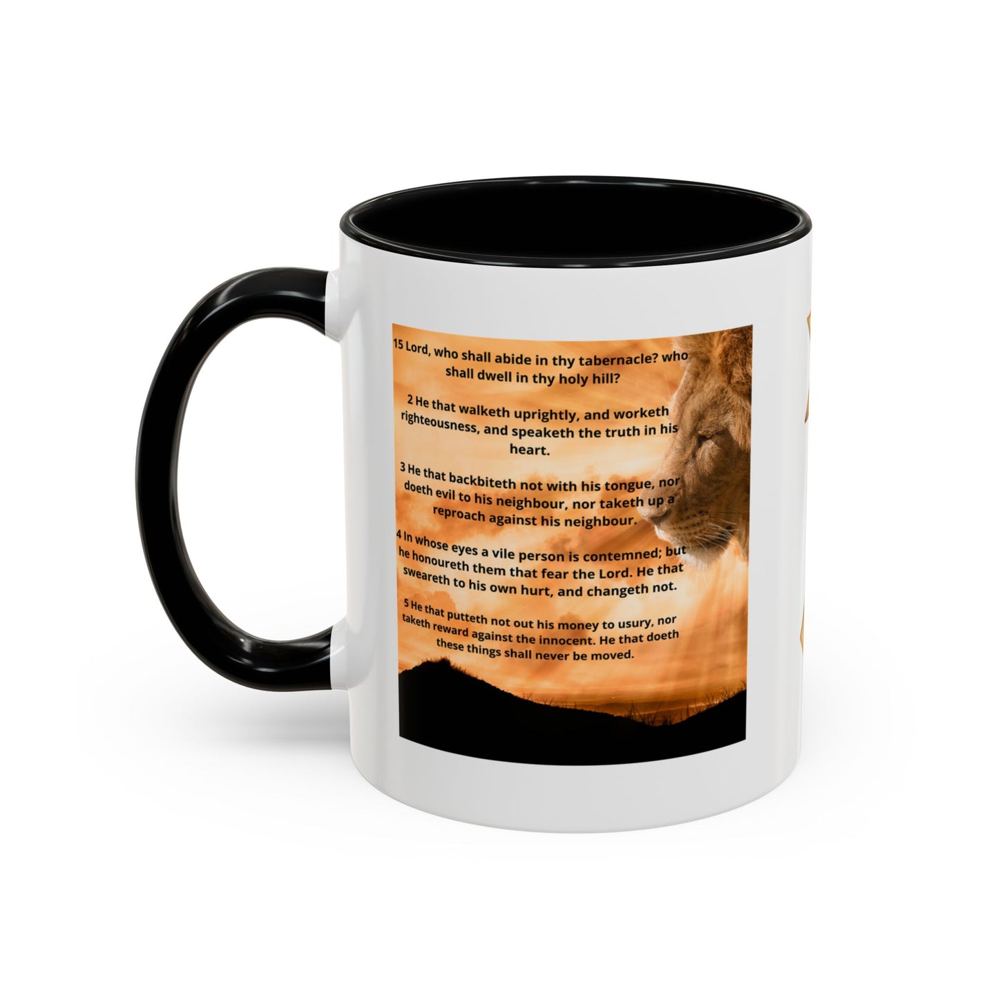 PSALM 15 ENG / SPA Inspirational Lion Accent Coffee Mug | Faith Mug, Motivational Gift, Nature Lover's Cup, Home Decor, Office Drinkware