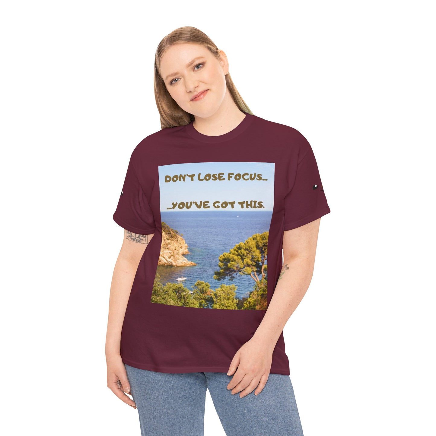 Motivational Tee — "Don't Lose Focus, You've Got This" Beach Graphic