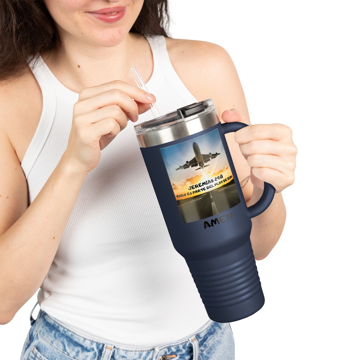 40oz Insulated Travel Mug — Airplane Sunset Design with "Amen" & Jeremiah 29:11 Verse