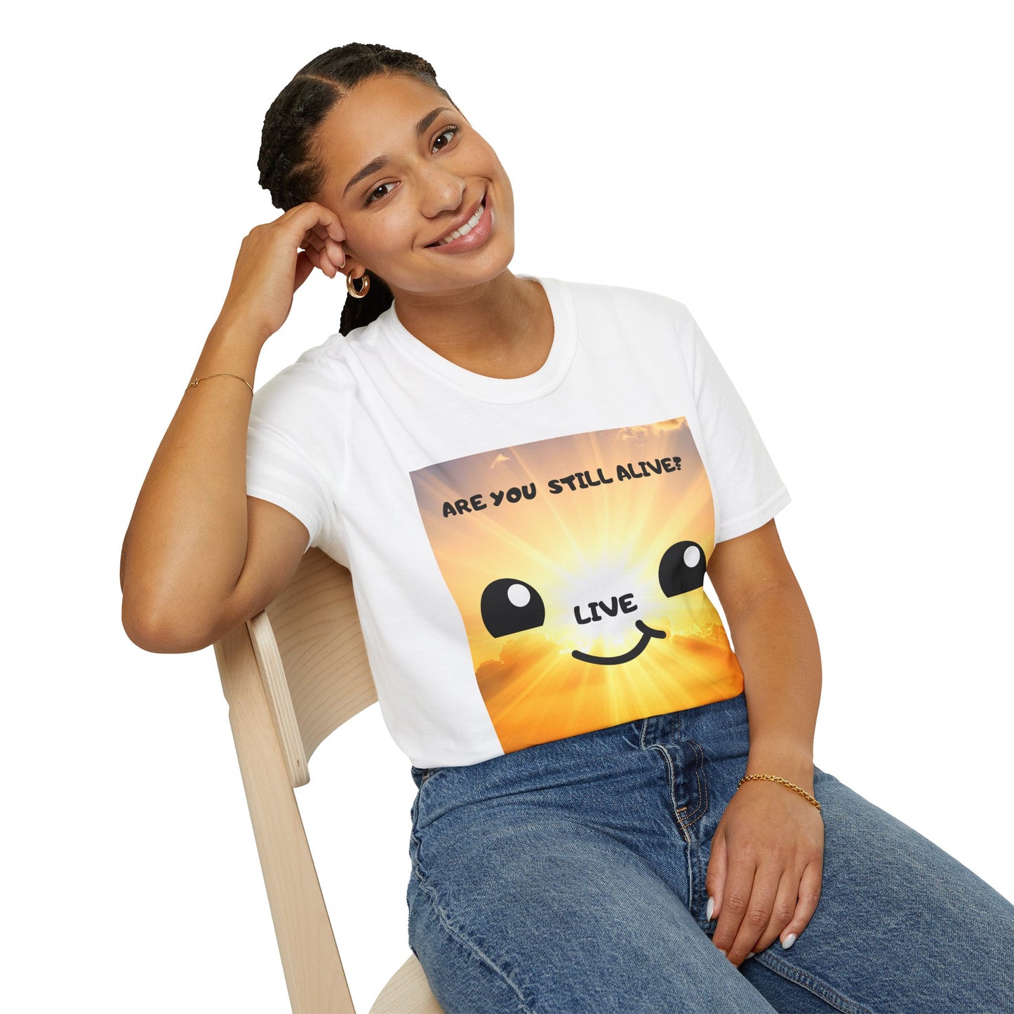Live Smiley T-Shirt — 'Are You Still Alive?' Sunburst Positive Tee