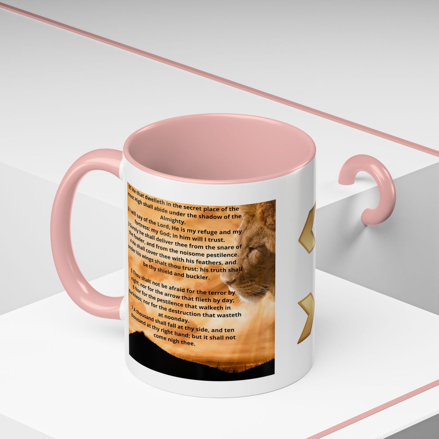 PSALM 91 Inspirational Lion Accent Coffee Mug | Motivational Gift, Scripture Mug, Unique Home Decor, Faith-Based Coffee Cup, Lion Design
