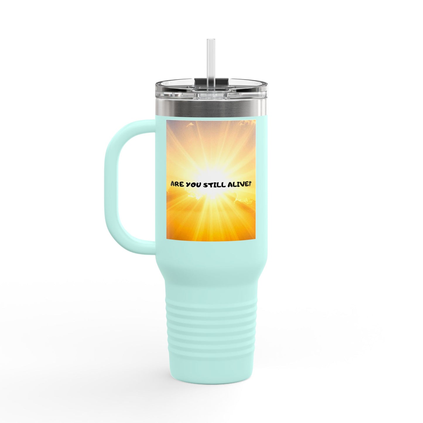 40oz Insulated Travel Mug — Cute Kawaii Face "Live" Design, Large Vacuum Tumbler with Straw
