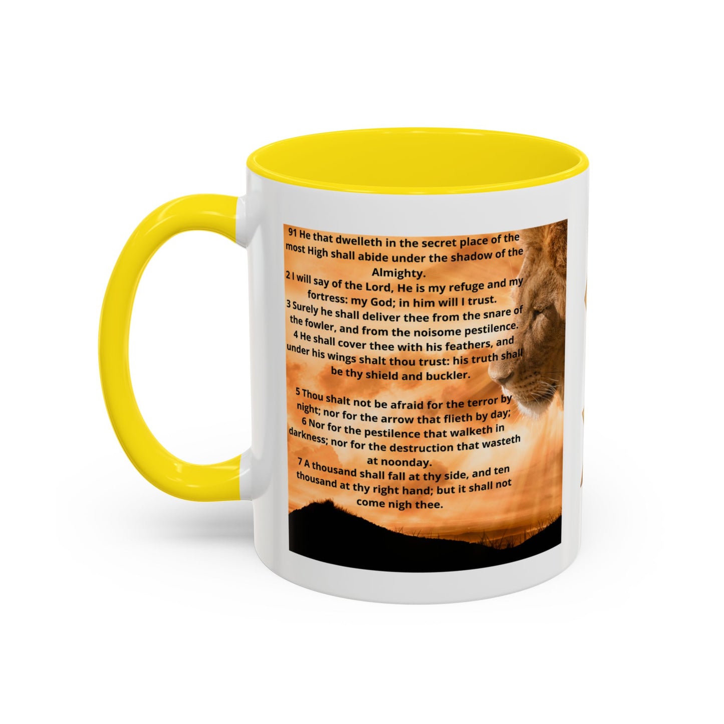 PSALM 91 Inspirational Lion Accent Coffee Mug | Motivational Gift, Scripture Mug, Unique Home Decor, Faith-Based Coffee Cup, Lion Design