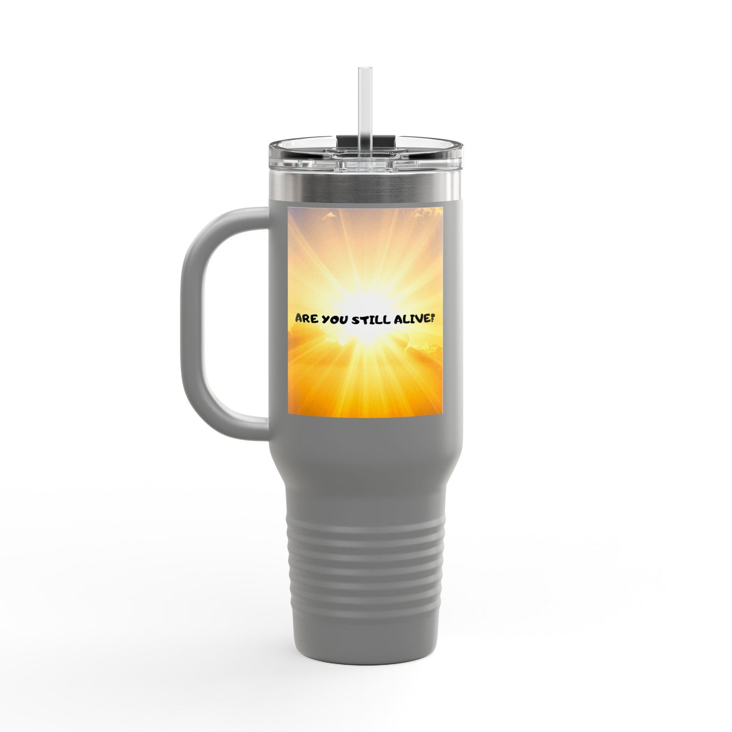 40oz Insulated Travel Mug — Cute Kawaii Face "Live" Design, Large Vacuum Tumbler with Straw