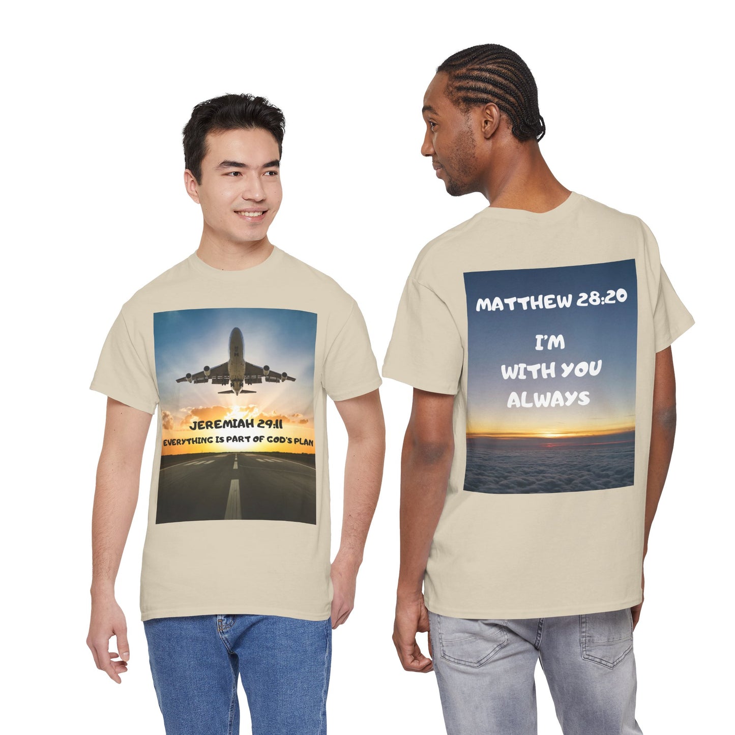 Faith Travel T‑Shirt — “Jeremiah 29:11 / Matthew 28:20” Inspirational Plane Tee