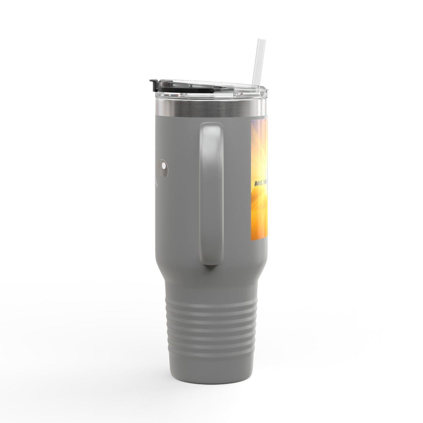 40oz Insulated Travel Mug — Cute Kawaii Face "Live" Design, Large Vacuum Tumbler with Straw