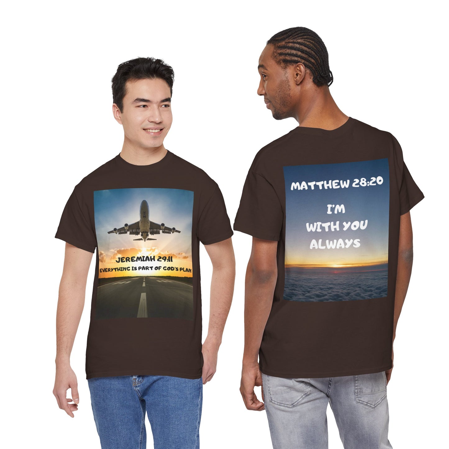 Faith Travel T‑Shirt — “Jeremiah 29:11 / Matthew 28:20” Inspirational Plane Tee