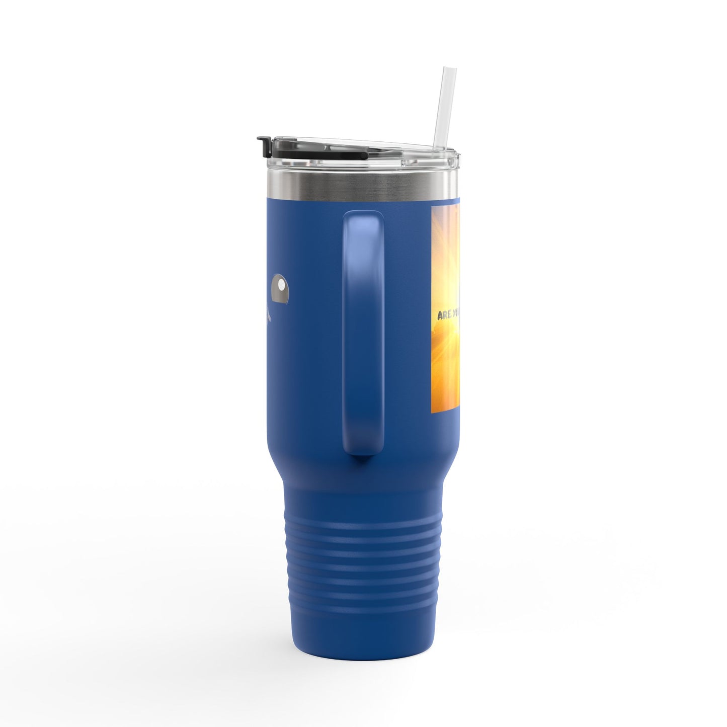 40oz Insulated Travel Mug — Cute Kawaii Face "Live" Design, Large Vacuum Tumbler with Straw