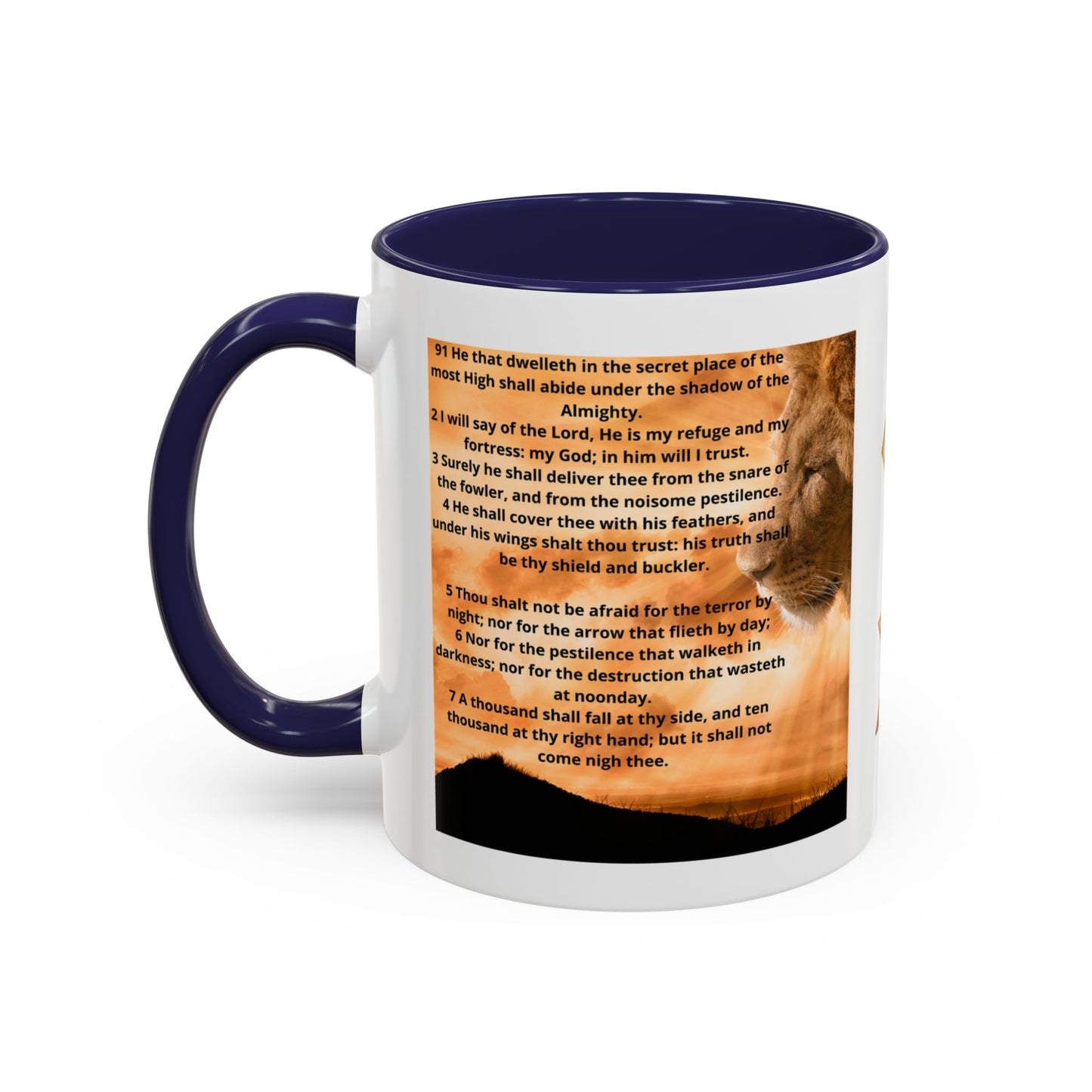 PSALM 91 Inspirational Lion Accent Coffee Mug | Motivational Gift, Scripture Mug, Unique Home Decor, Faith-Based Coffee Cup, Lion Design