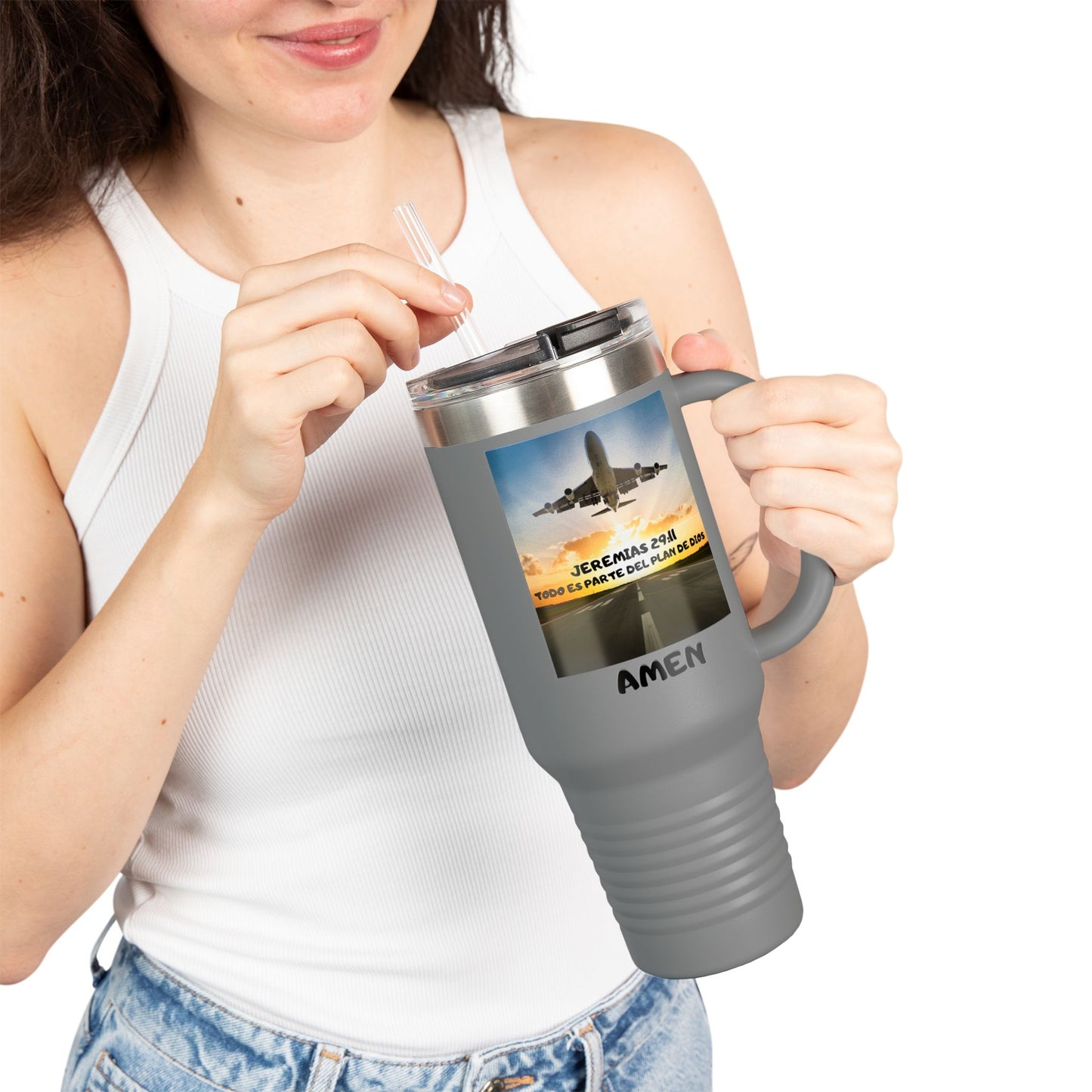 40oz Insulated Travel Mug — Airplane Sunset Design with "Amen" & Jeremiah 29:11 Verse