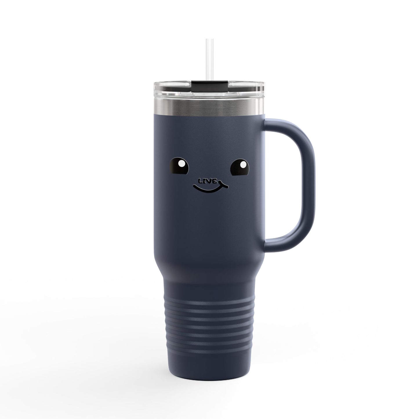 40oz Insulated Travel Mug — Cute Kawaii Face "Live" Design, Large Vacuum Tumbler with Straw