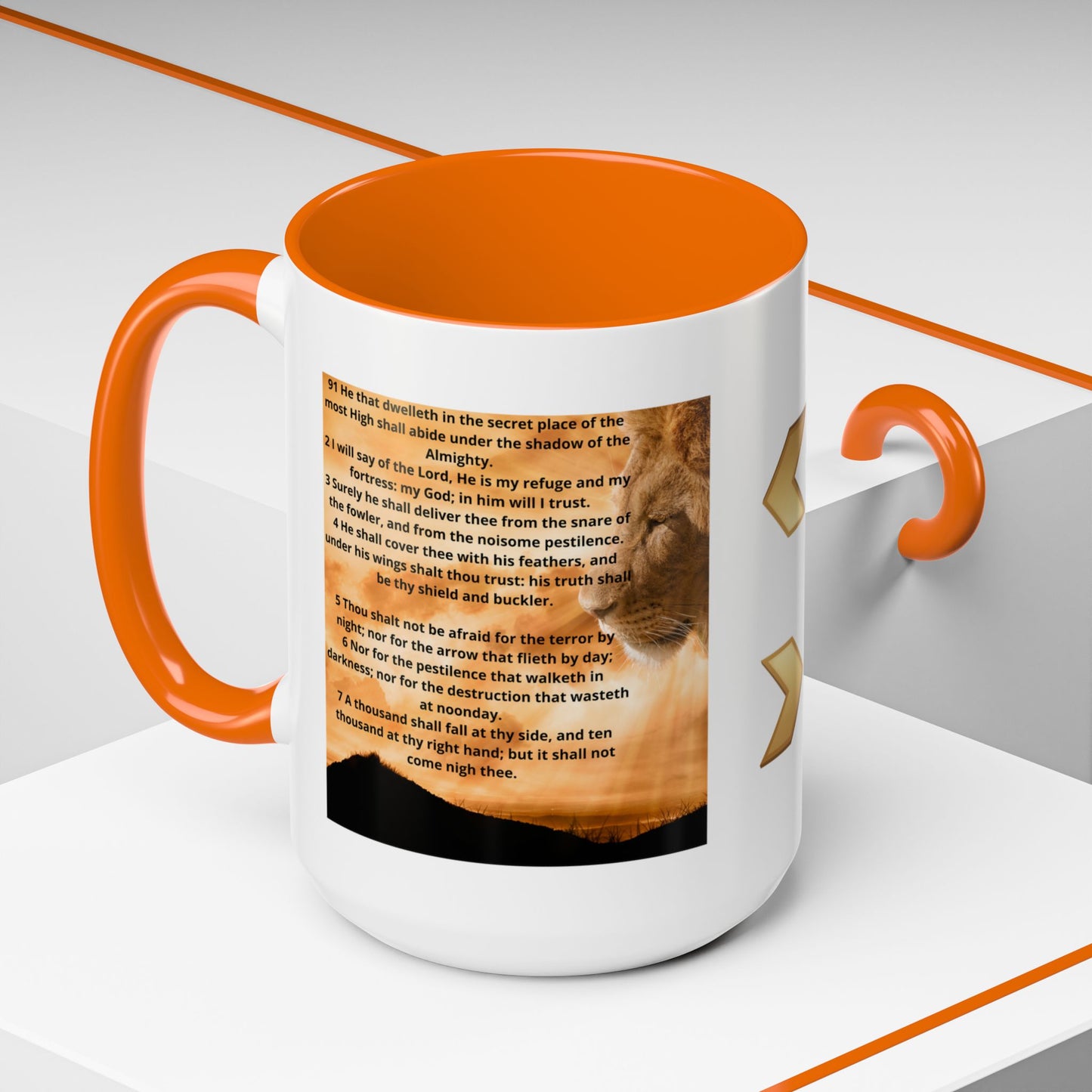 PSALM 91 Inspirational Lion Accent Coffee Mug | Motivational Gift, Scripture Mug, Unique Home Decor, Faith-Based Coffee Cup, Lion Design