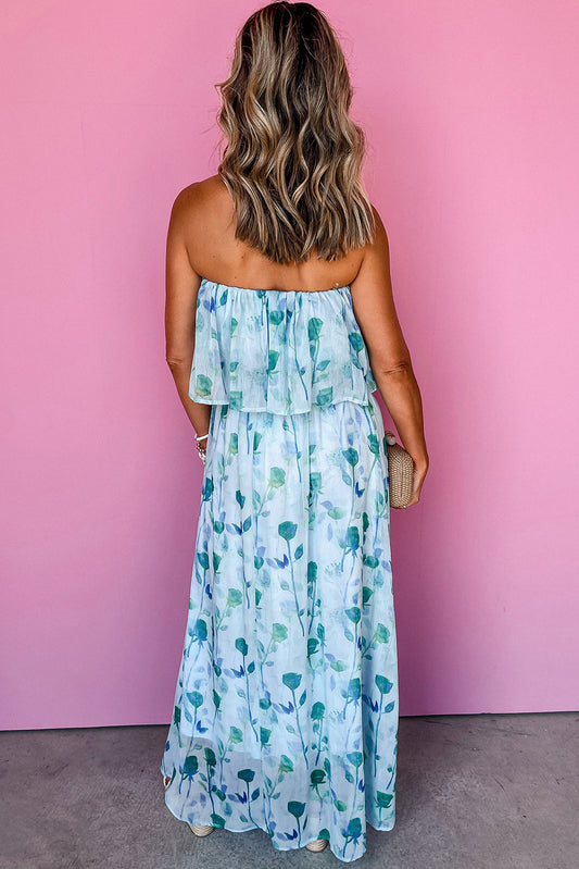 Green Floral Print Ruffled Side Slit Tube Maxi Dress