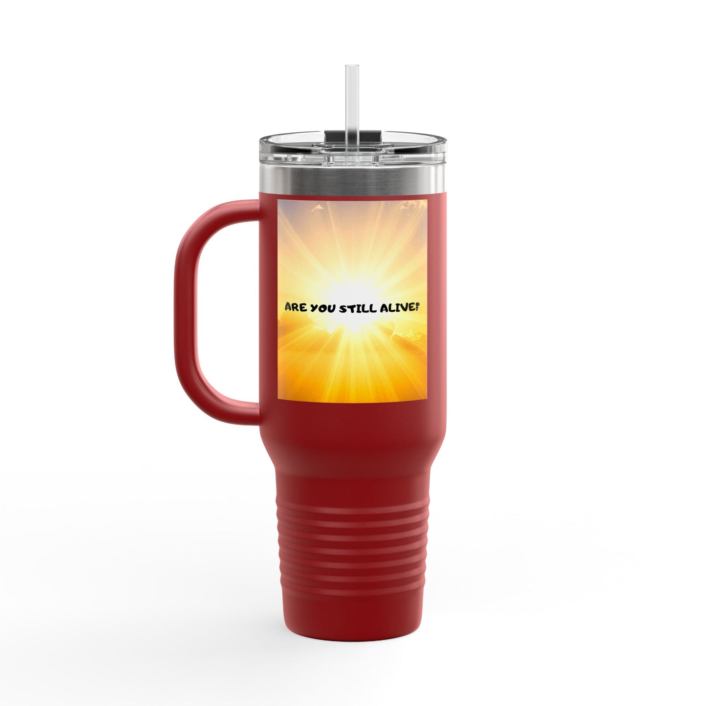 40oz Insulated Travel Mug — Cute Kawaii Face "Live" Design, Large Vacuum Tumbler with Straw