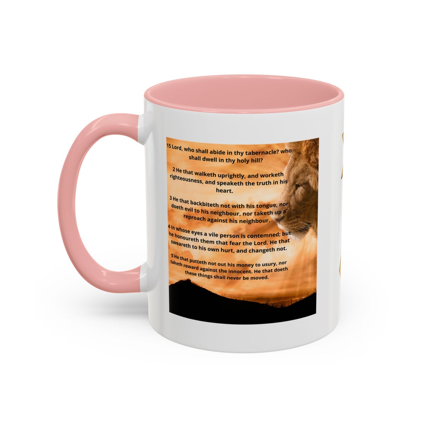 PSALM 15 ENG / SPA Inspirational Lion Accent Coffee Mug | Faith Mug, Motivational Gift, Nature Lover's Cup, Home Decor, Office Drinkware