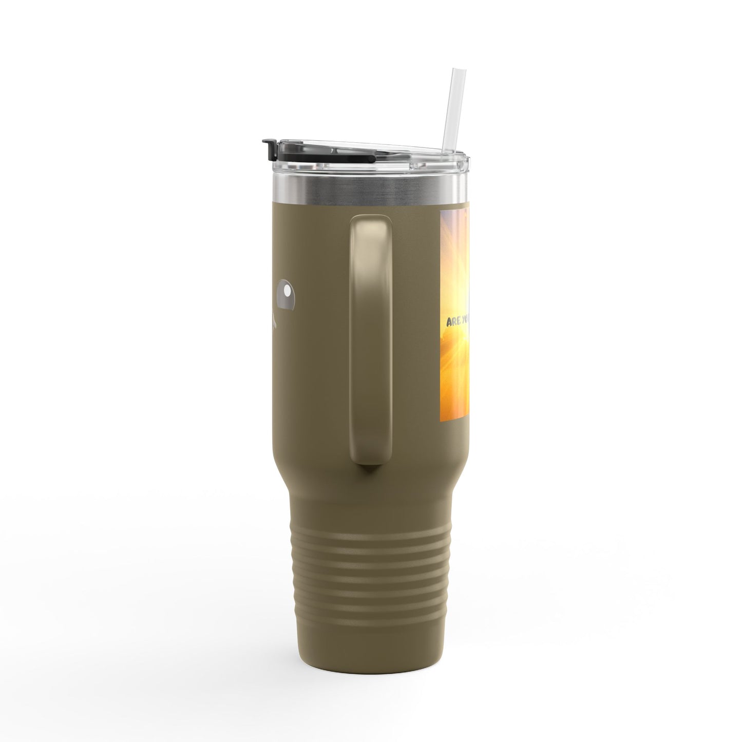 40oz Insulated Travel Mug — Cute Kawaii Face "Live" Design, Large Vacuum Tumbler with Straw