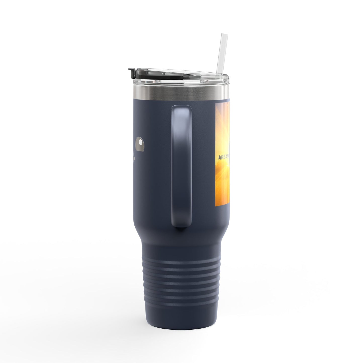40oz Insulated Travel Mug — Cute Kawaii Face "Live" Design, Large Vacuum Tumbler with Straw
