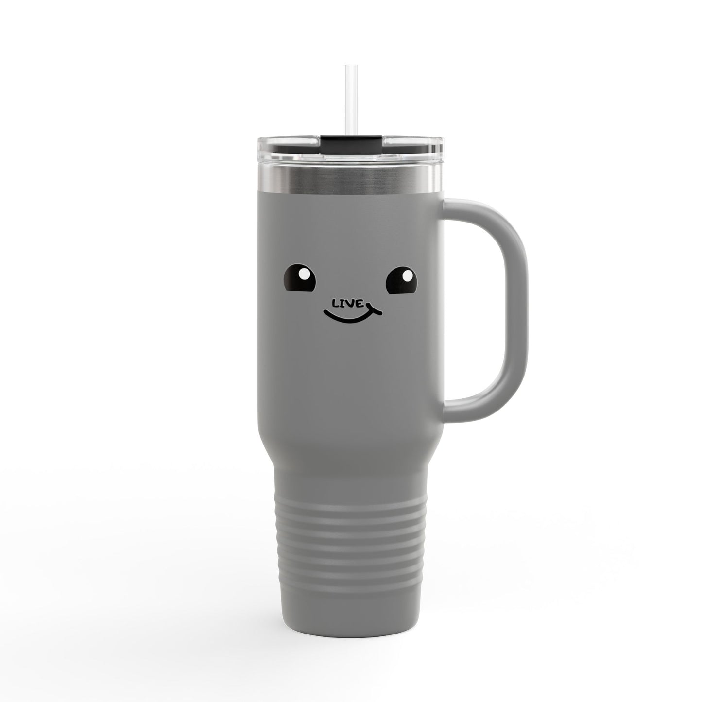 40oz Insulated Travel Mug — Cute Kawaii Face "Live" Design, Large Vacuum Tumbler with Straw