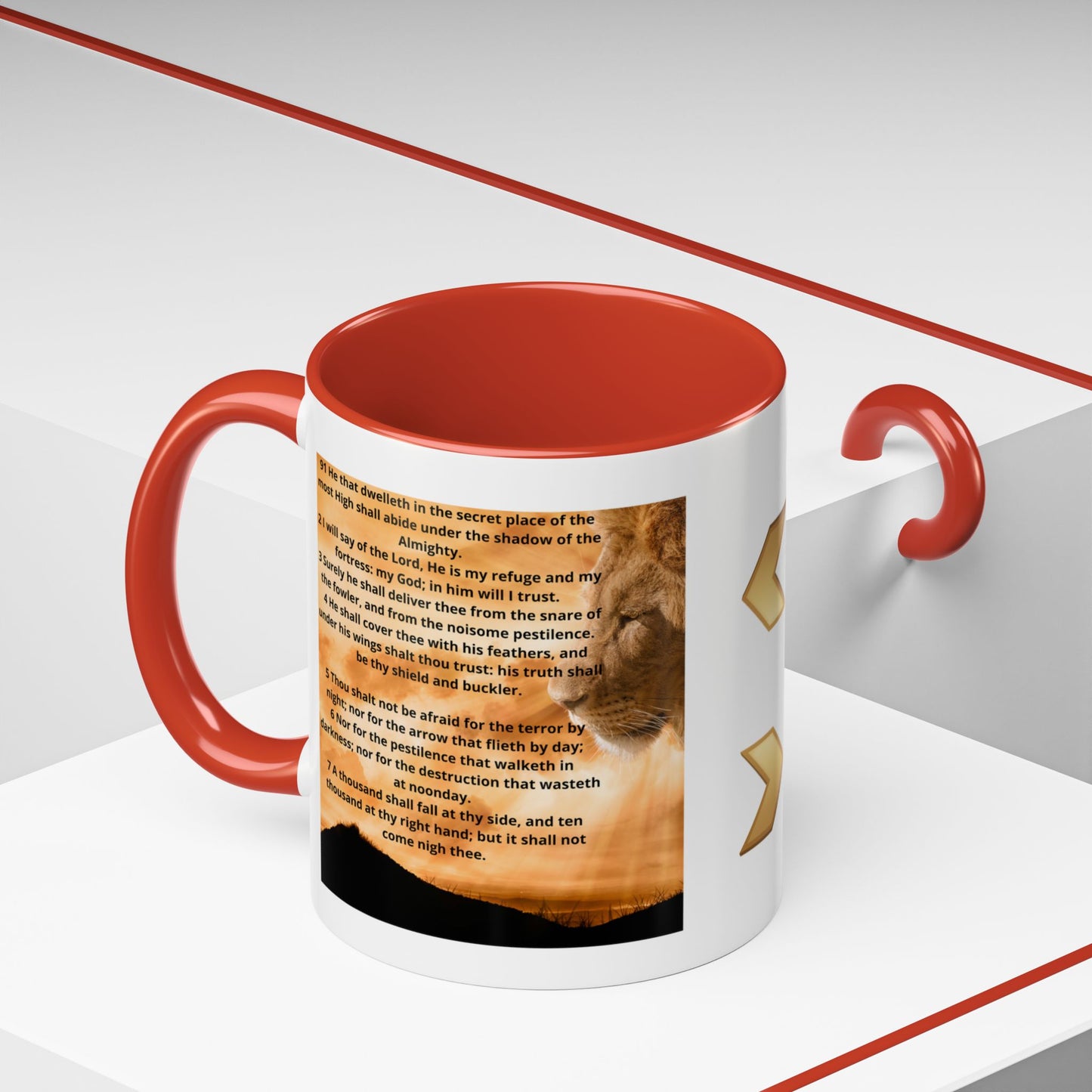 PSALM 91 Inspirational Lion Accent Coffee Mug | Motivational Gift, Scripture Mug, Unique Home Decor, Faith-Based Coffee Cup, Lion Design