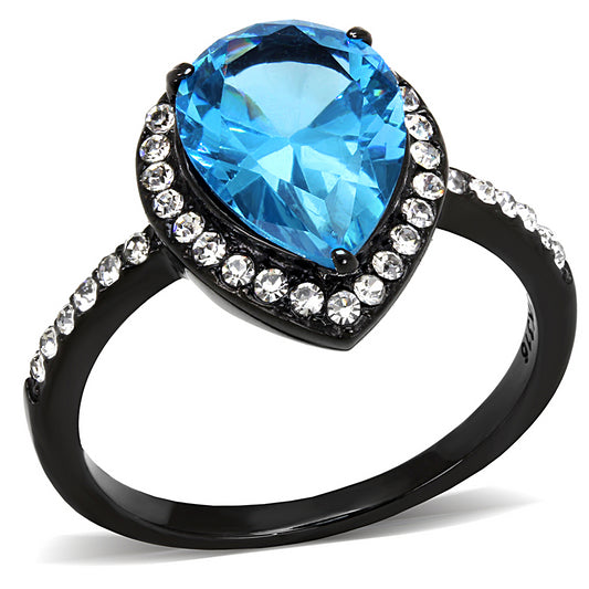 Women IP Black Stainless Steel Ring with Synthetic in Sea Blue - Size
