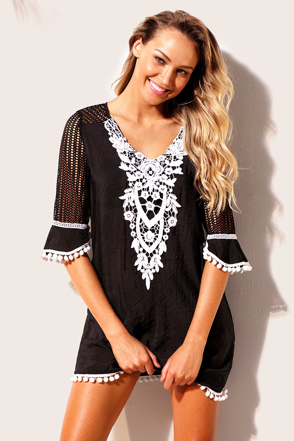 Black Crochet Pom Pom Beach Tunic Cover up