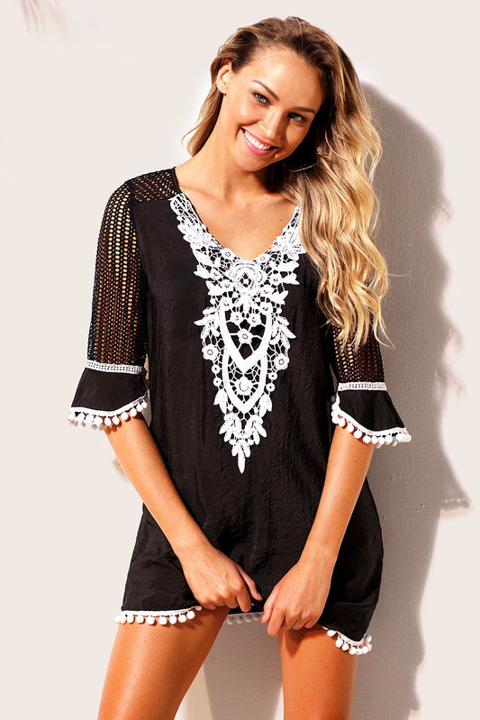 Black Crochet Pom Pom Beach Tunic Cover up