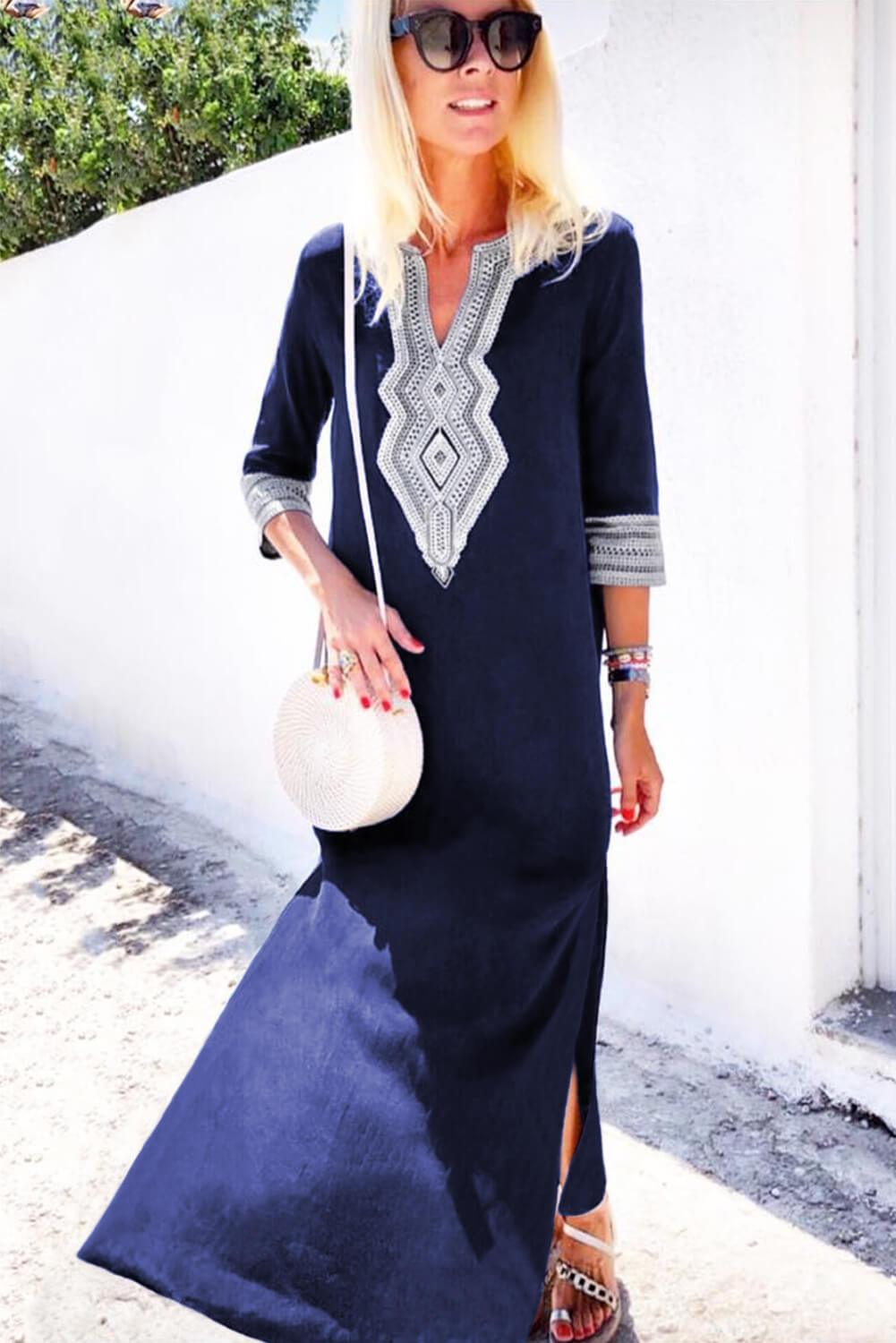 Blue Casual Crochet 3/4 sleeve Slit Boho Maxi Dress