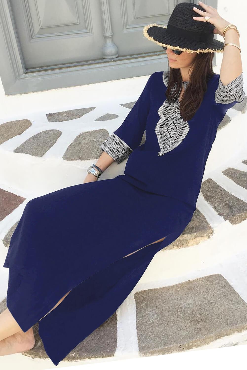 Blue Casual Crochet 3/4 sleeve Slit Boho Maxi Dress