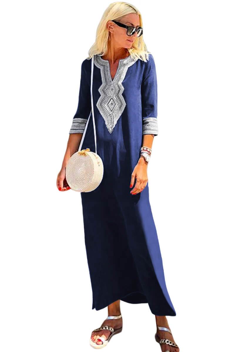 Blue Casual Crochet 3/4 sleeve Slit Boho Maxi Dress