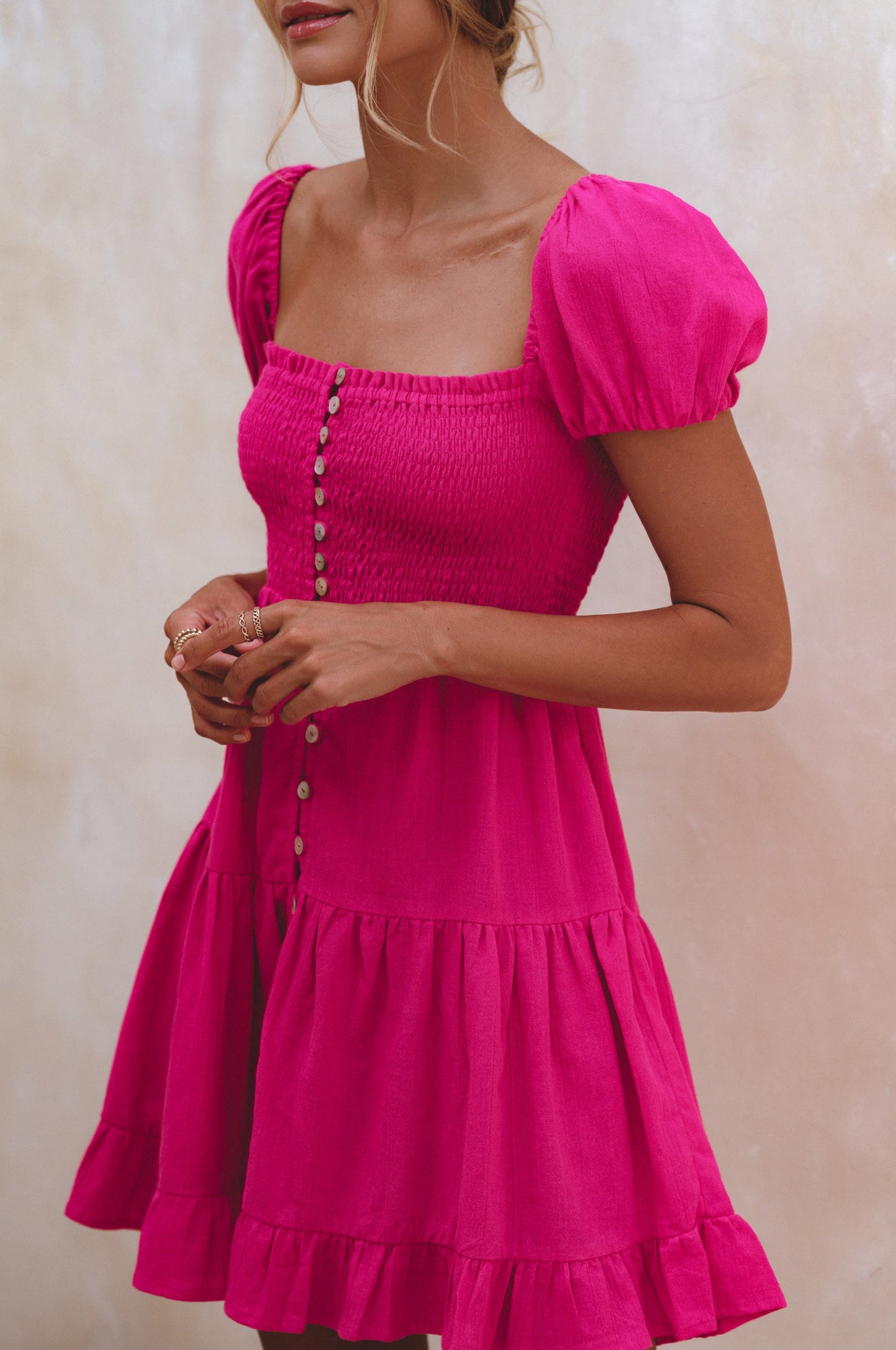 Smocked Linen Mini Dress