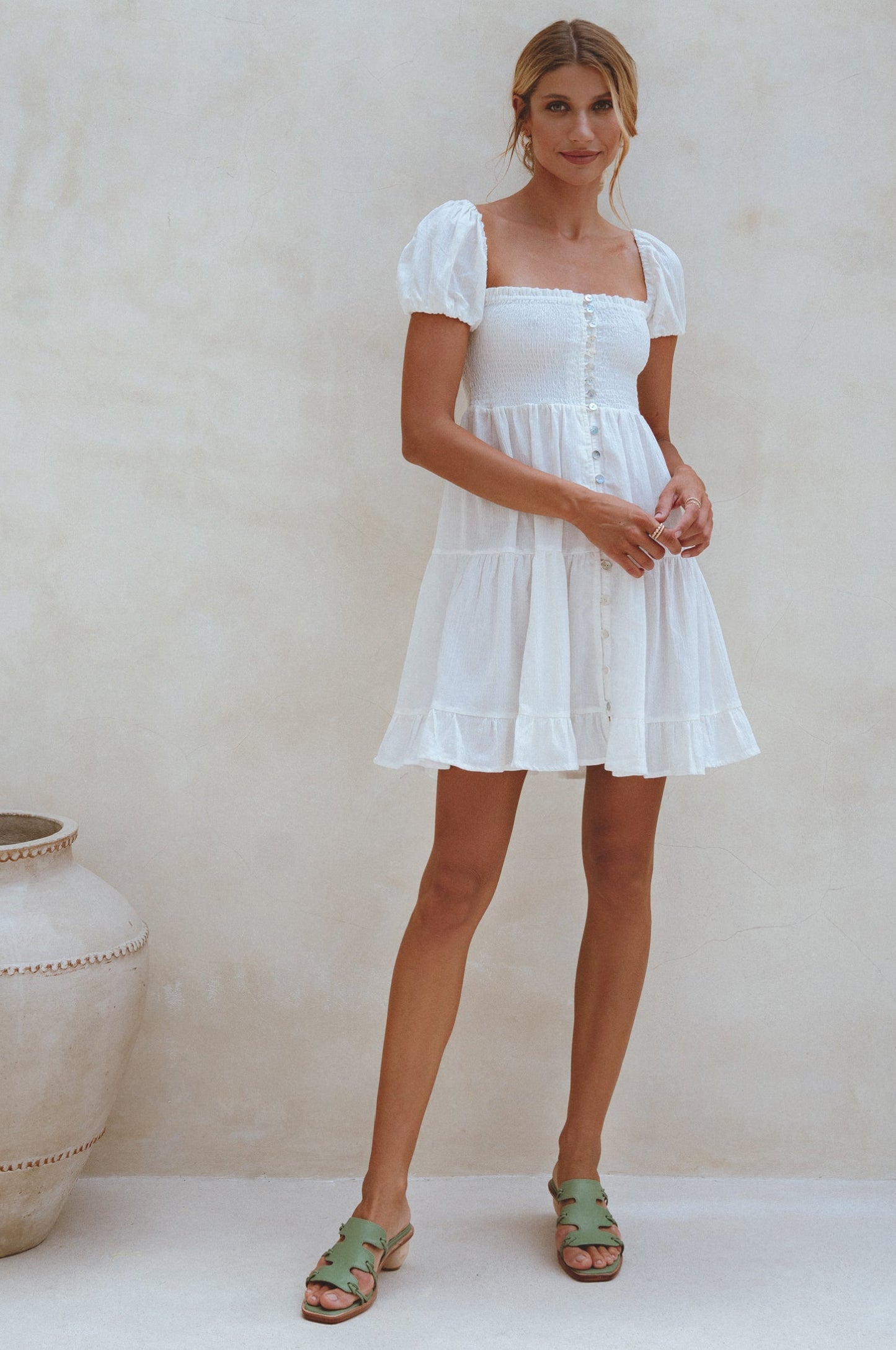 Smocked Linen Mini Dress