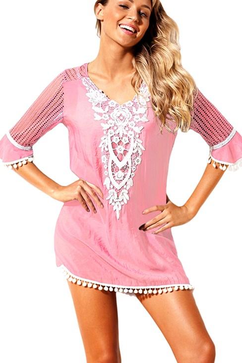 Chic Pink Crochet Beach Tunic Cover up
