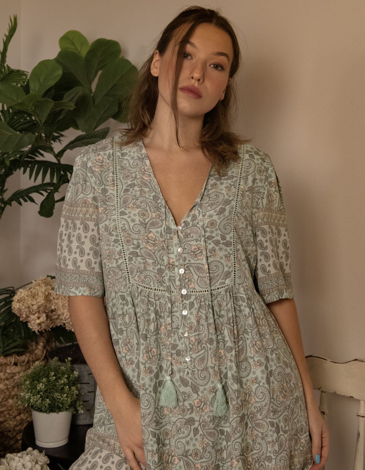 Dress A-line Bohemian Print Tassels Green