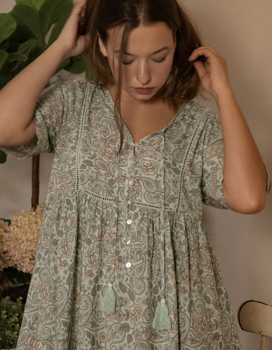 Dress A-line Bohemian Print Tassels Green