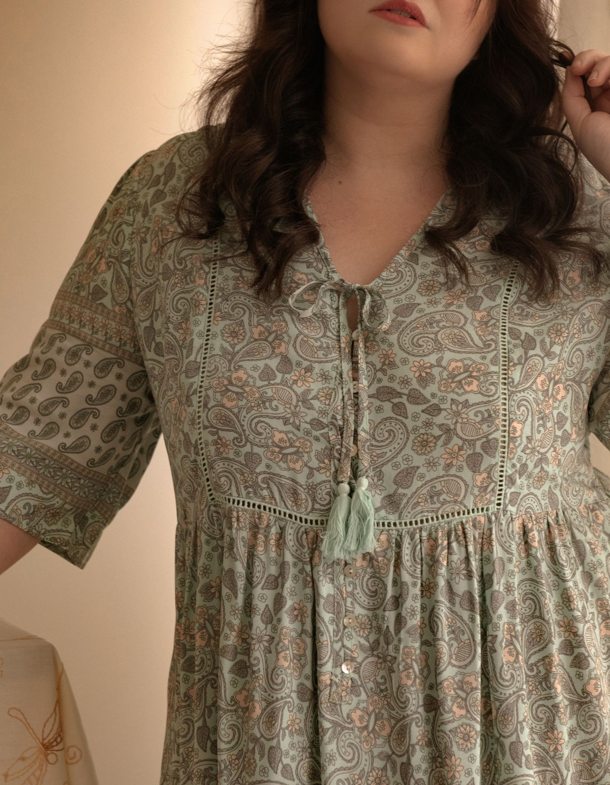 Dress A-line Bohemian Print Tassels Green