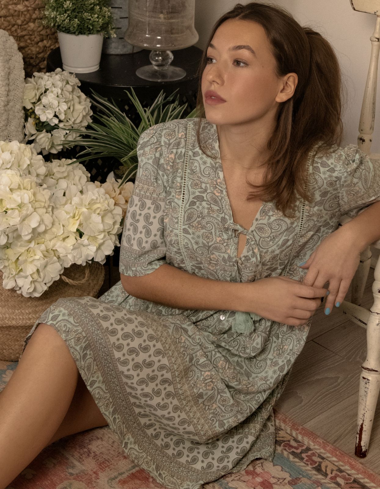 Dress A-line Bohemian Print Tassels Green