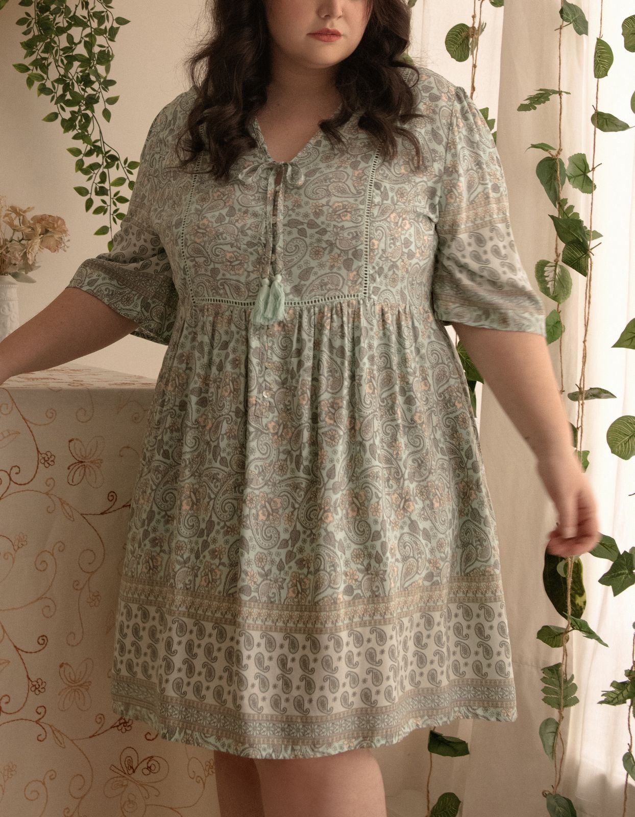 Dress A-line Bohemian Print Tassels Green