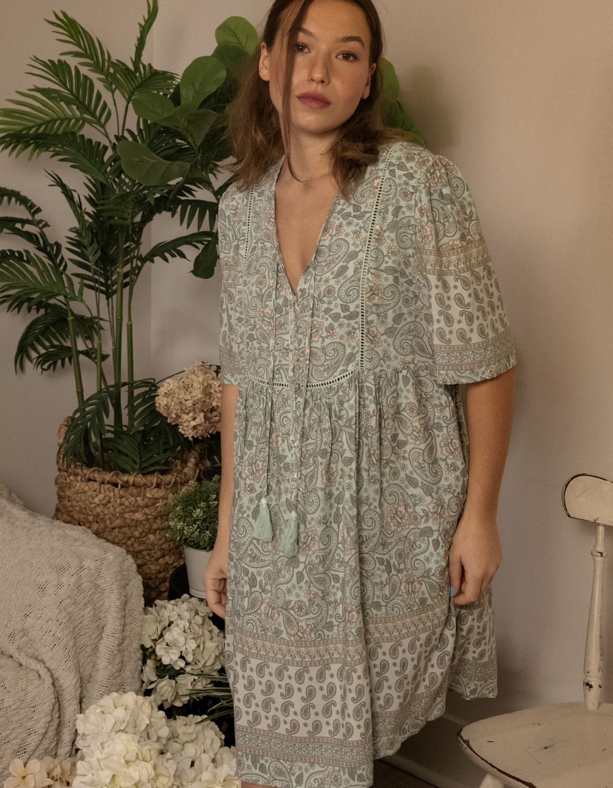 Dress A-line Bohemian Print Tassels Green