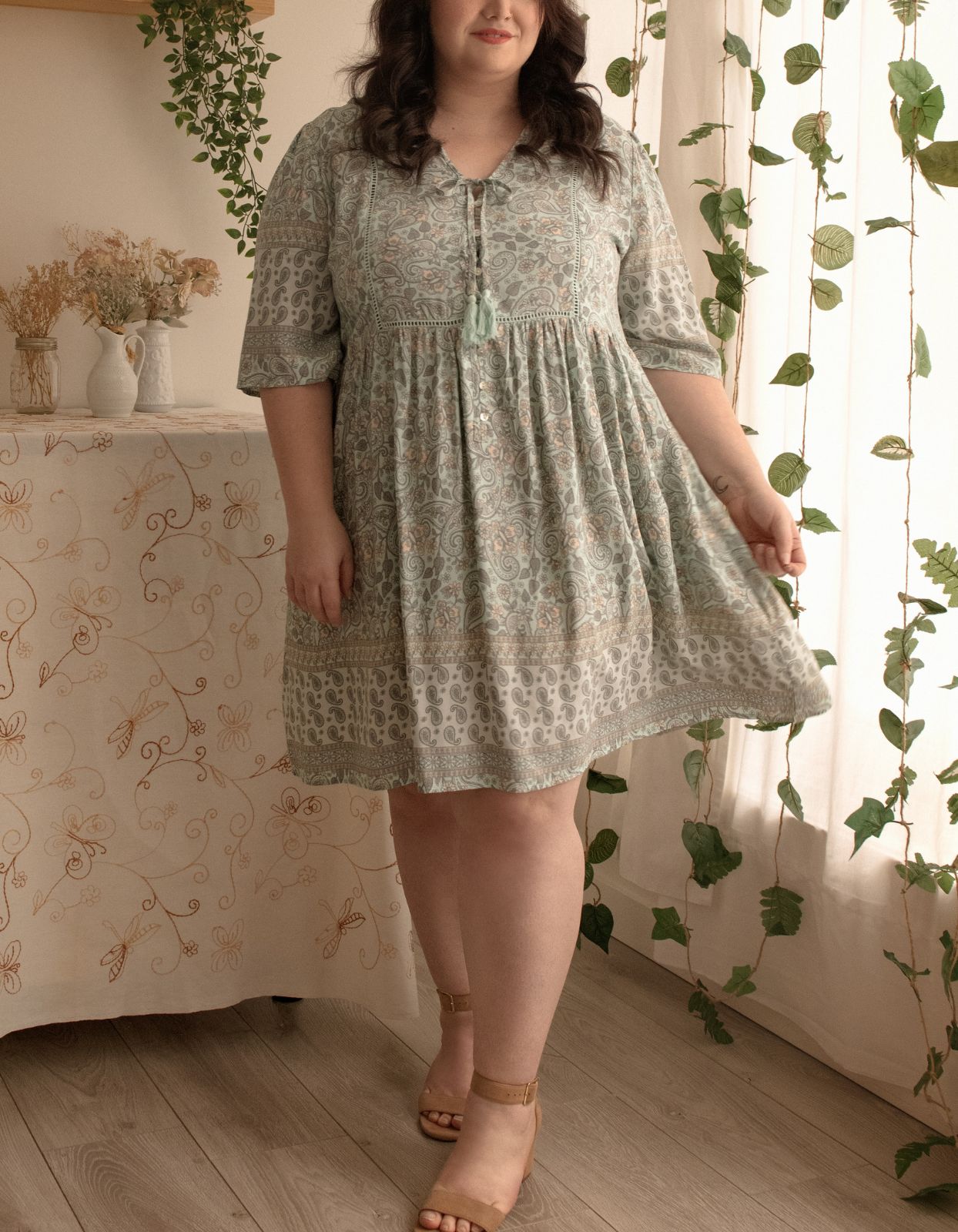 Dress A-line Bohemian Print Tassels Green