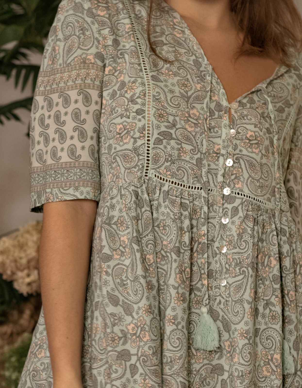 Dress A-line Bohemian Print Tassels Green