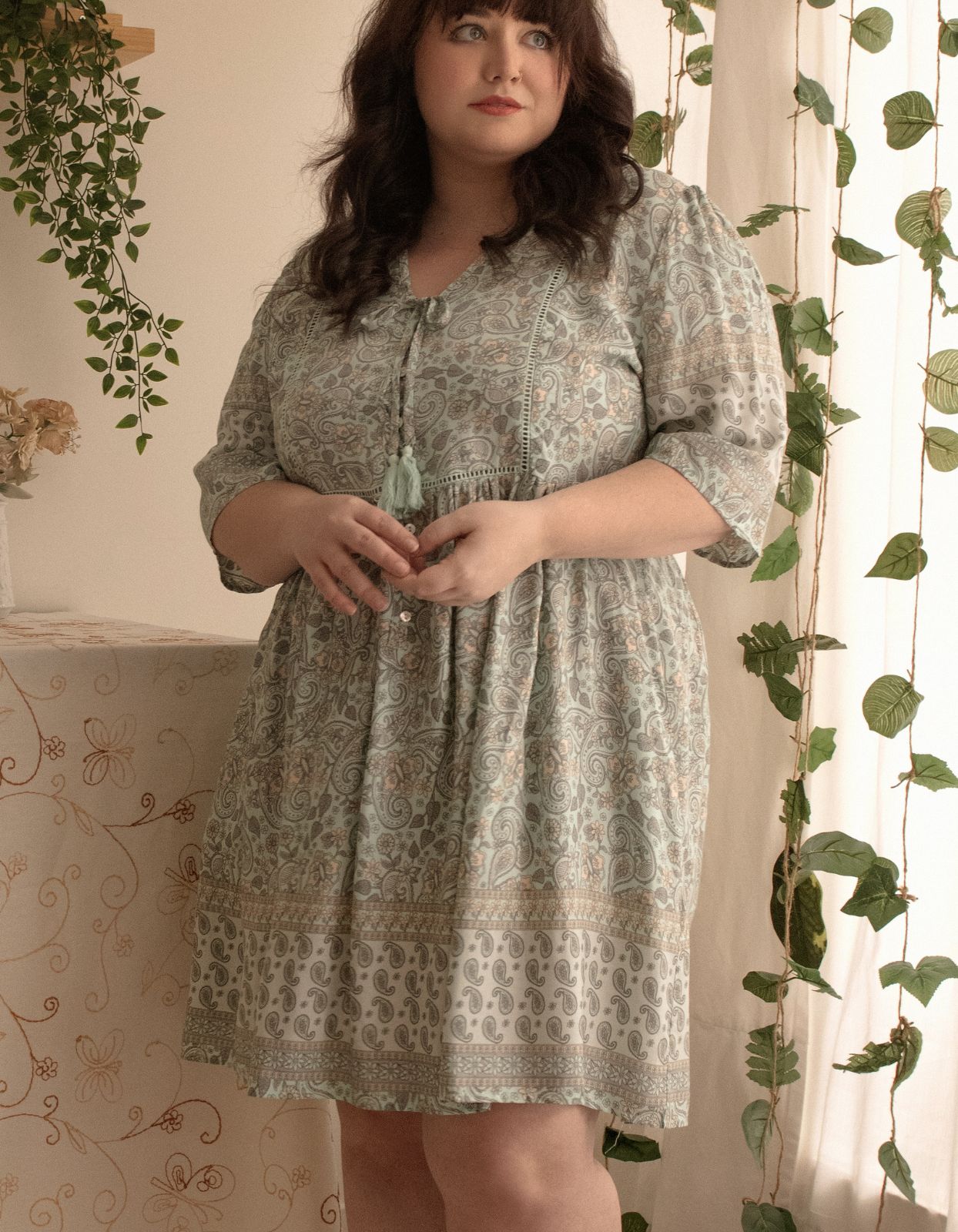 Dress A-line Bohemian Print Tassels Green