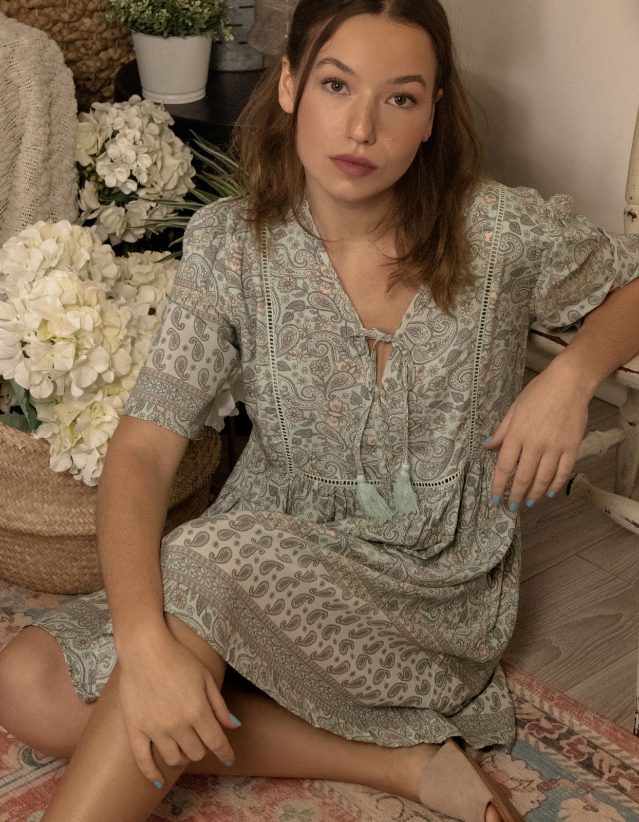 Dress A-line Bohemian Print Tassels Green