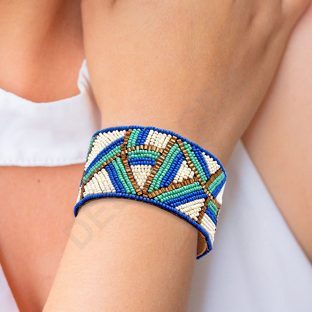 Colorful Bohemian Boho Seed Bead Loom Bracelet, Ethnic Large Cuff