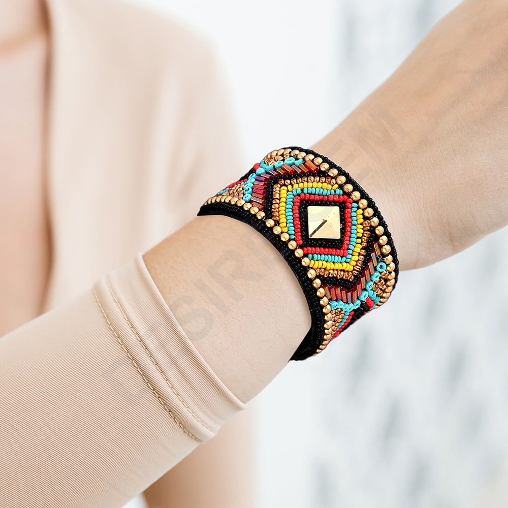 Colorful Bohemian Boho Seed Bead Loom Bracelet, Ethnic Large Cuff