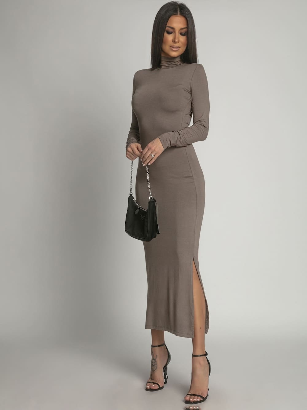 Smooth long-sleeved cappuccino turtleneck dress