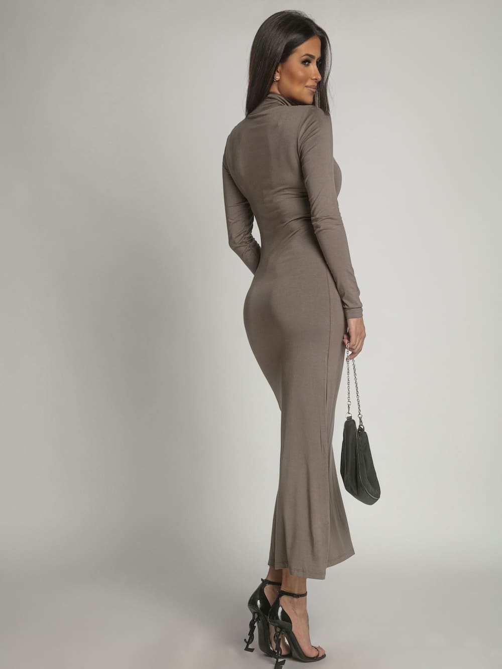 Smooth long-sleeved cappuccino turtleneck dress