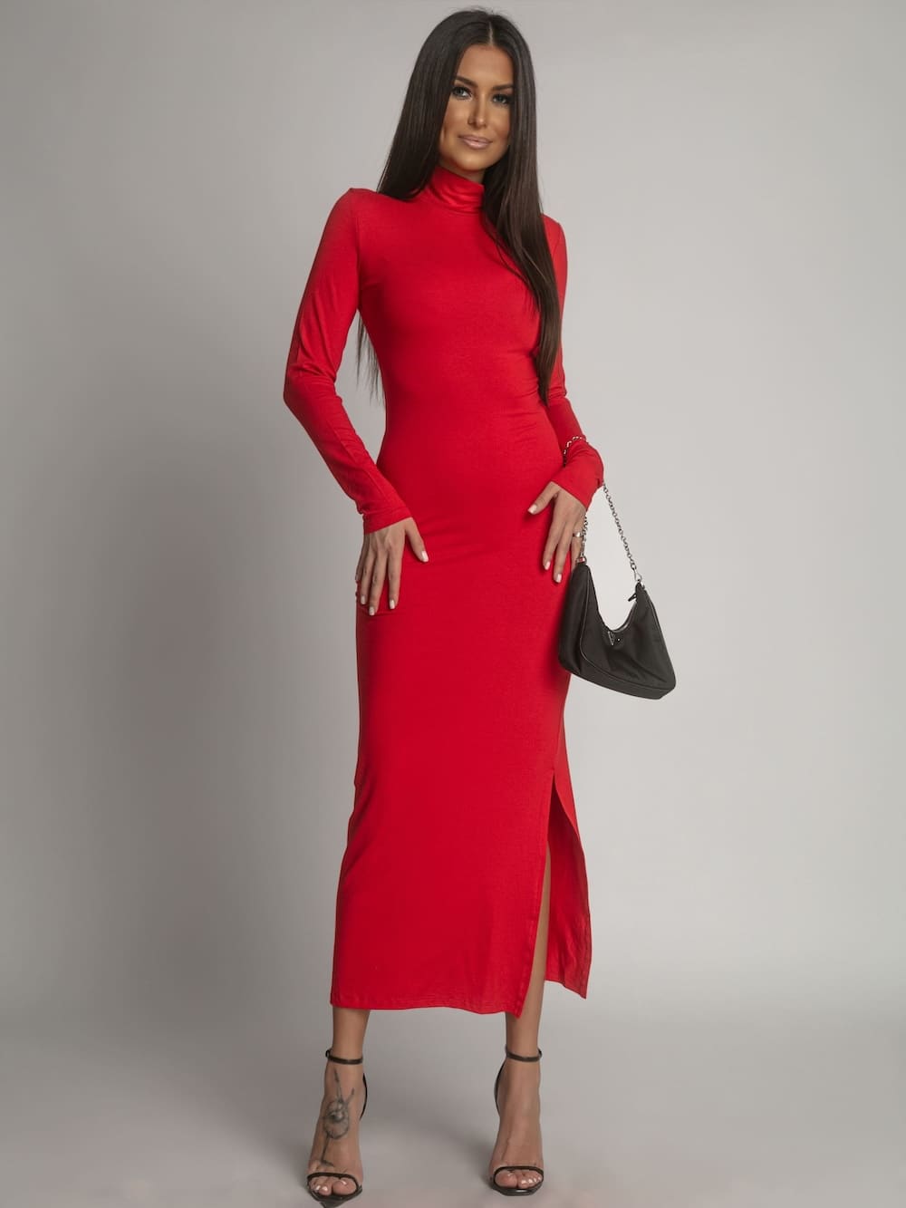 Smooth long-sleeved turtleneck dress, red