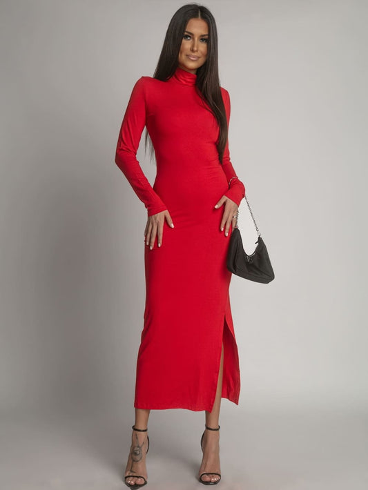 Smooth long-sleeved turtleneck dress, red