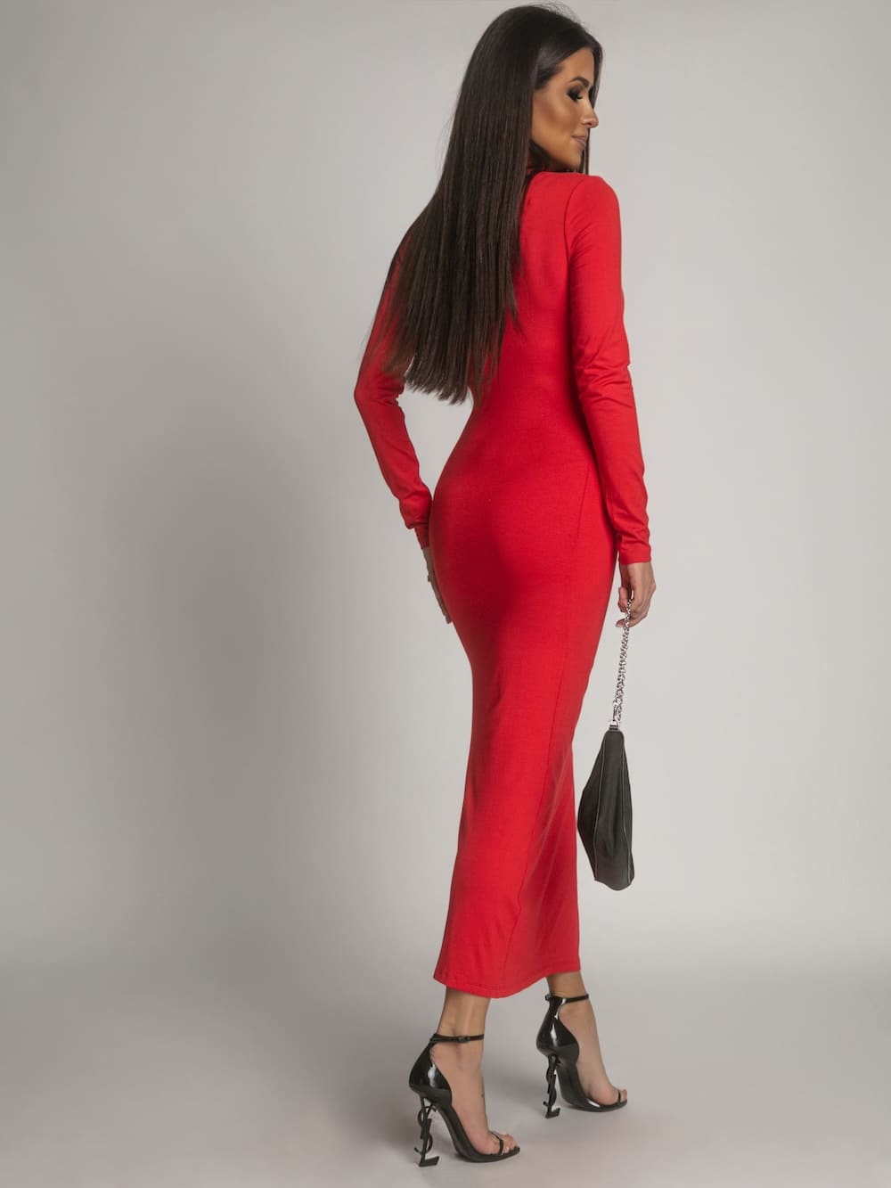 Smooth long-sleeved turtleneck dress, red